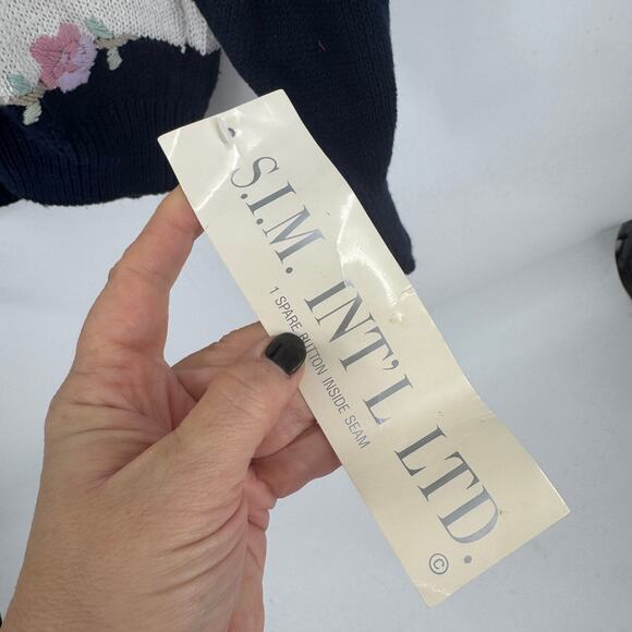 Vintage Floral Embroidered Cardigan Navy & Cream Deadstock Women’s L Cottage - Picture 5 of 9